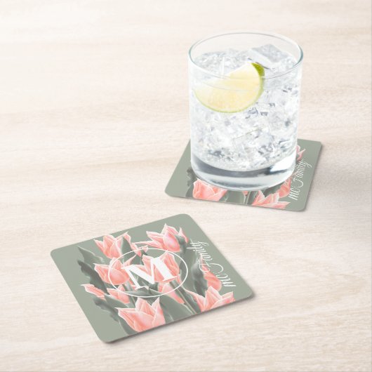 姓エレガント名モノグラムピーチュリ絵画ップス スクエアペーパーコースター (インサイチュ)