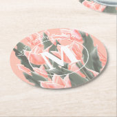 姓エレガント名モノグラムピーチュリ絵画ップス ラウンドペーパーコースター (アングル)