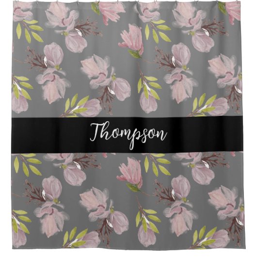 姓スタイリッシュ名ピンクフローラグレーと黒 シャワーカーテン (正面)