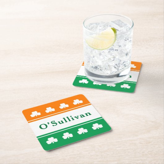 姓パーソナライズされたアイルランド国旗の色 スクエアペーパーコースター (インサイチュ)
