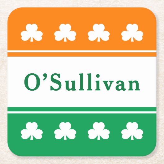 姓パーソナライズされたアイルランド国旗の色 スクエアペーパーコースター (正面)
