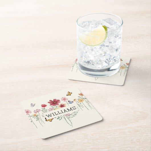 姓パーソナライズされたフローラ スクエアペーパーコースター (インサイチュ)