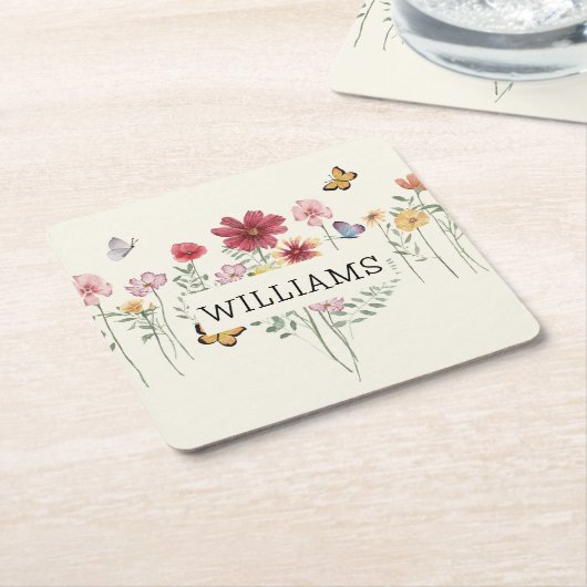 姓パーソナライズされたフローラ スクエアペーパーコースター (アングル)