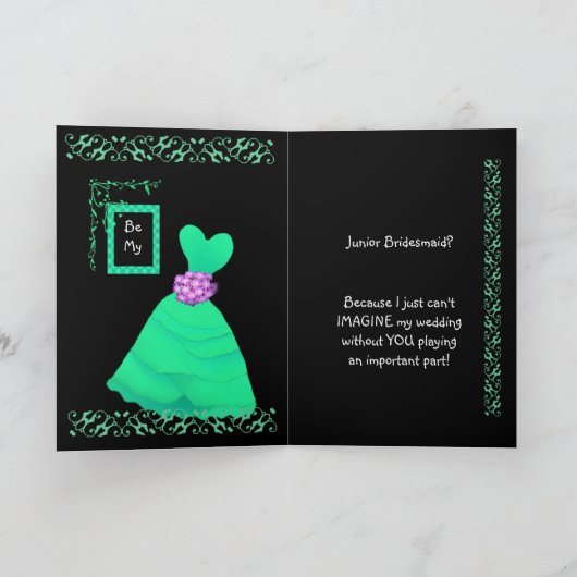 姪っ子が緑のガウンを着た私のジュニア・ブライドメイド 招待状 (内部)