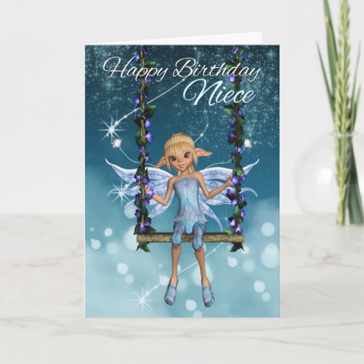 姪っ子のハッピーバースデーのかわいい妖精が花のスイングに出る カード (正面)