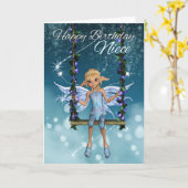 姪っ子のハッピーバースデーのかわいい妖精が花のスイングに出る カード (黄色い花)