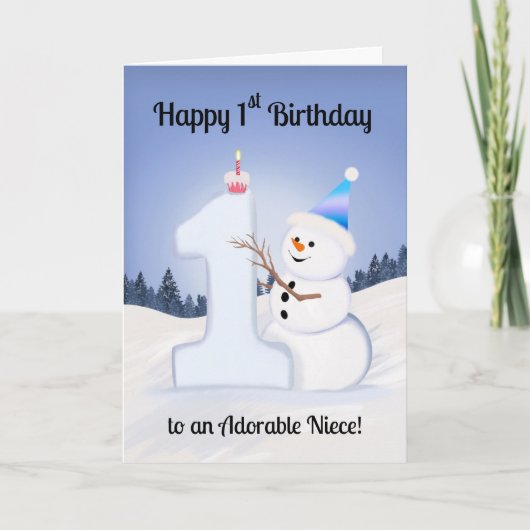 姪っ子の1歳の誕生日　雪だるまを作る カード (正面)
