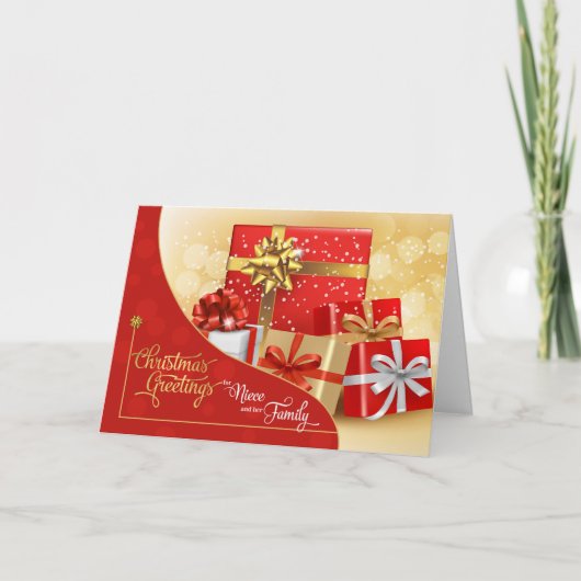 姪と家族の赤と金ゴールドのクリスマスプレゼント シーズンカード (正面)