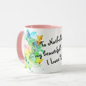 姪のためのピンクとティール(緑がかった色)のフローラフローラブッシュ マグカップ (正面左)