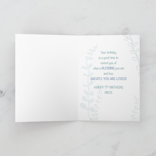 姪の宗教第17誕生日手描きルック カード (内部)