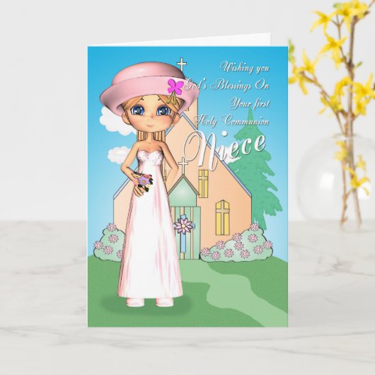 姪の最初の聖餐式小さな女の子と教会 カード (黄色い花)