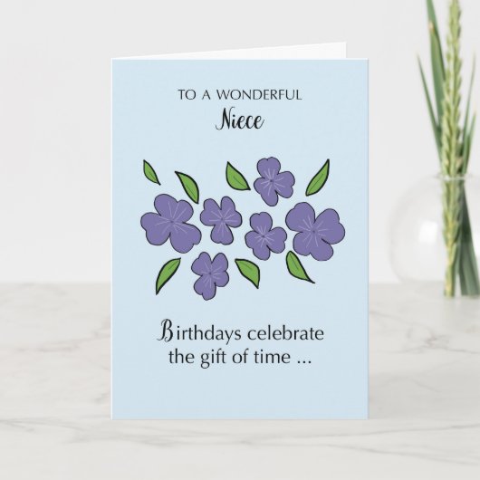 姪の誕生日と紫の花と葉 カード (正面)