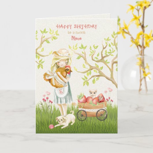 姪の雄鶏と猫と犬の5誕生日めでとう カード (黄色い花)