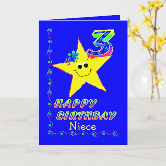 姪の3番目の誕生日の星 カード (黄色い花)