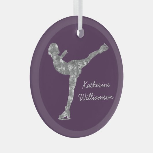 姿カスタムスケートで滑る氷スケートで滑る銀きらめく ガラスオーナメント (正面右)