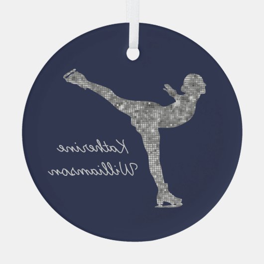 姿カスタムスケートで滑る氷スケートで滑る銀きらめく ガラスオーナメント (裏面)