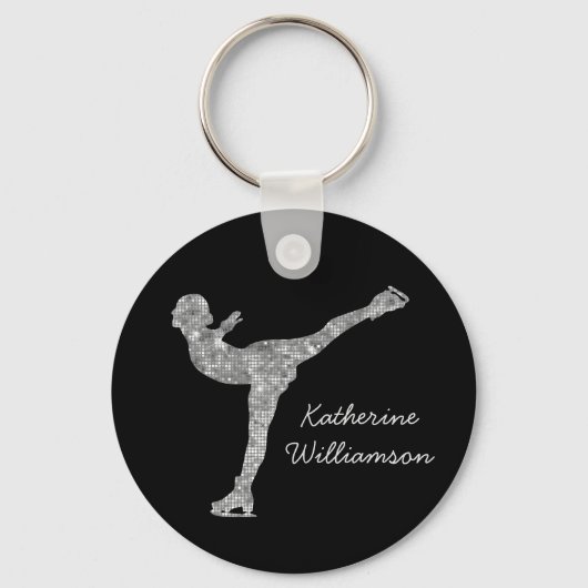 姿カスタムスケートで滑る氷スケートで滑る銀きらめく キーホルダー (正面)