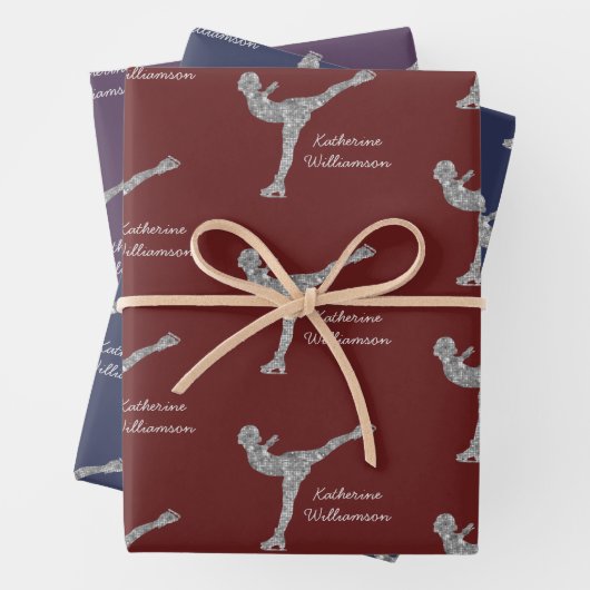 姿カスタムスケートで滑る氷スケートで滑る銀きらめく ラッピングペーパーシート (インサイチュ)