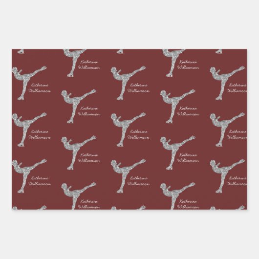 姿カスタムスケートで滑る氷スケートで滑る銀きらめく ラッピングペーパーシート (正面)