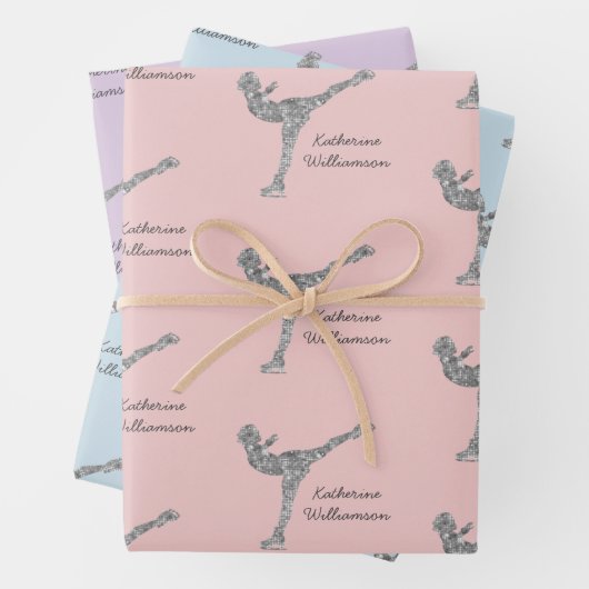 姿カスタムスケートで滑る氷スケートで滑る銀きらめく ラッピングペーパーシート (インサイチュ)