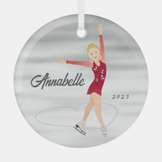 姿スケーターブロンドin赤 ガラスオーナメント (正面)