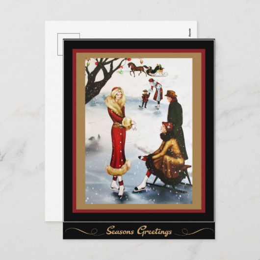 姿スケートで滑るアールデコクリスマスレディ シーズンポストカード (正面/裏面)