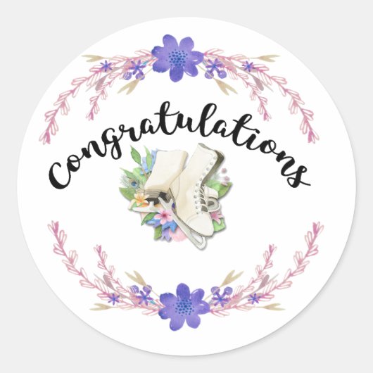 姿スケートで滑るステッカーおめでとう ラウンドシール (正面)