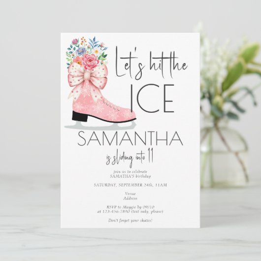 姿スケートで滑るピンクボウ10代のトゥイーンバースデーパーティー 招待状 (スタンド正面)