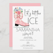 姿スケートで滑るピンクボウ10代のトゥイーンバースデーパーティー 招待状 (正面/裏面)