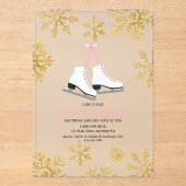 姿スケートで滑るピンク金ゴールドスノーフレーク誕生日 アクリル招待状 (正面)