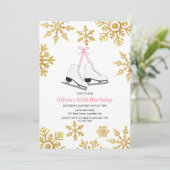 姿スケートで滑るピンク金ゴールドスノーフレーク誕生日 招待状 (スタンド正面)
