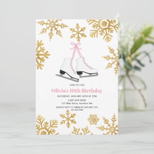 姿スケートで滑るピンク金ゴールドスノーフレーク誕生日 招待状 (スタンド正面)