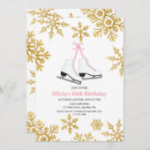姿スケートで滑るピンク金ゴールドスノーフレーク誕生日 招待状 (正面/裏面)