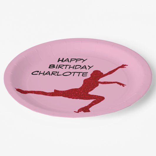 姿スケートで滑る誕生日ピンク/赤パーティープレート ペーパープレート (アングル)