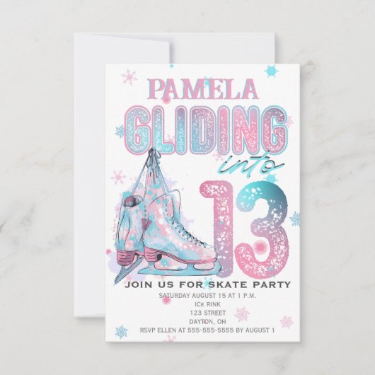 姿スケートで滑る13th誕生日パーティーの招待 招待状 (正面)
