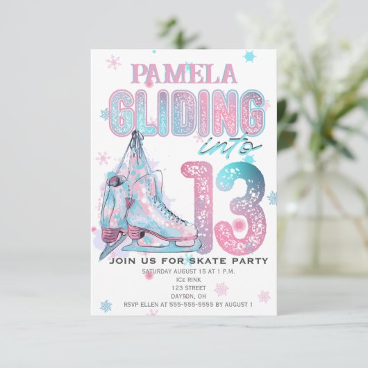 姿スケートで滑る13th誕生日パーティーの招待 招待状 (スタンド正面)