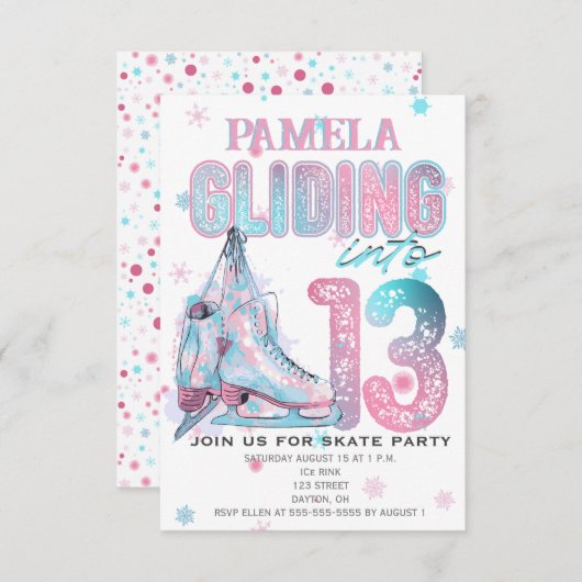 姿スケートで滑る13th誕生日パーティーの招待 招待状 (正面/裏面)
