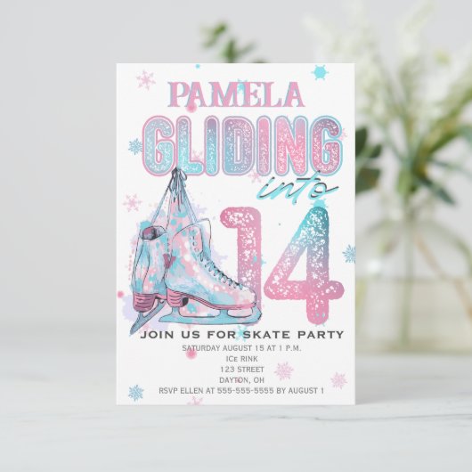 姿スケートで滑る14th誕生日パーティーの招待 招待状 (スタンド正面)