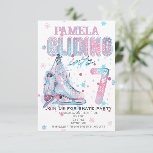 姿スケートで滑る7th誕生日パーティーの招待 招待状 (スタンド正面)