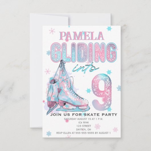 姿スケートで滑る9thバースデーパーティーの招待 招待状 (正面)