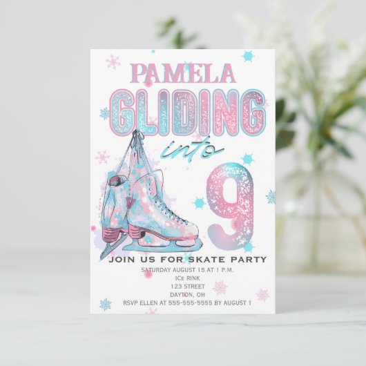 姿スケートで滑る9thバースデーパーティーの招待 招待状 (スタンド正面)