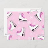 姿スケートで滑る – アイススケートピンク(雪片付き) ポストカード (正面/裏面)