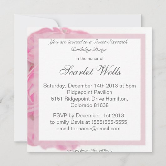 威厳のあるなピンクのバラのSweet sixteenの誕生会 招待状 (裏面)