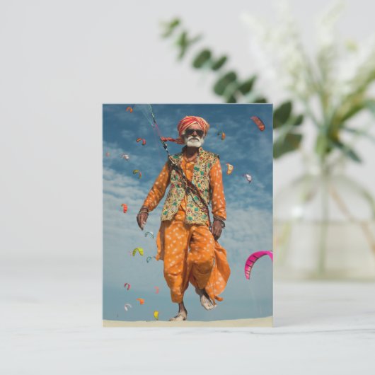 威厳のあるインディアンエルダー飛んでいるカイトオンビーチ ポストカード (スタンド正面)