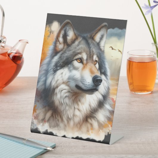 威厳のあるオオカミ秋:自然の美しいが解き放たれた 台座サイン (インサイチュ)