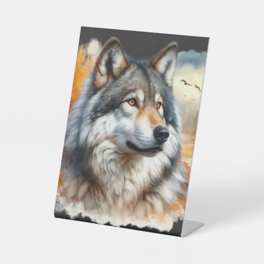 威厳のあるオオカミ秋:自然の美しいが解き放たれた 台座サイン (正面)