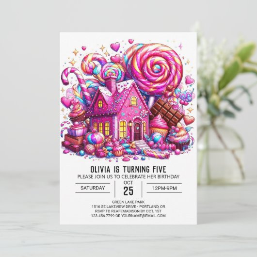 威厳のあるカスタムキャンディランドデジタル誕生日 招待状 (スタンド正面)