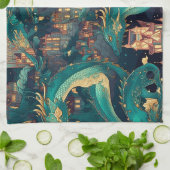 威厳のあるティール(緑がかった色)ドラゴンズアンドヴィレッジ キッチンタオル (折り畳み)