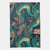 威厳のあるティール(緑がかった色)ドラゴンズアンドヴィレッジ キッチンタオル (縦)
