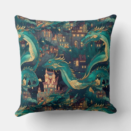 威厳のあるティール(緑がかった色)ドラゴンズアンドヴィレッジ クッション (裏面)